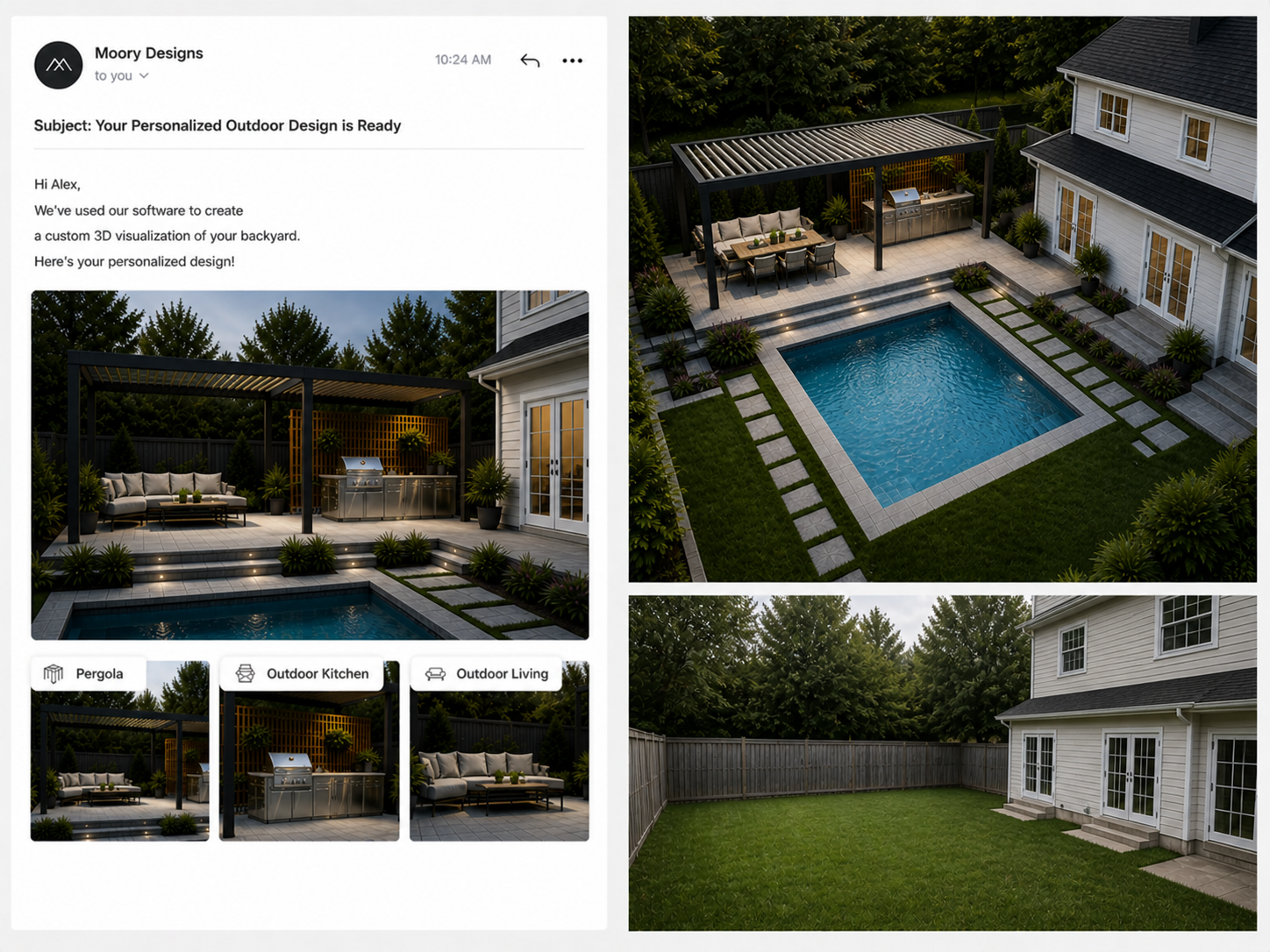 A photoreal render of the customer's actual backyard with the product placed in it, generated from a phone in seconds.