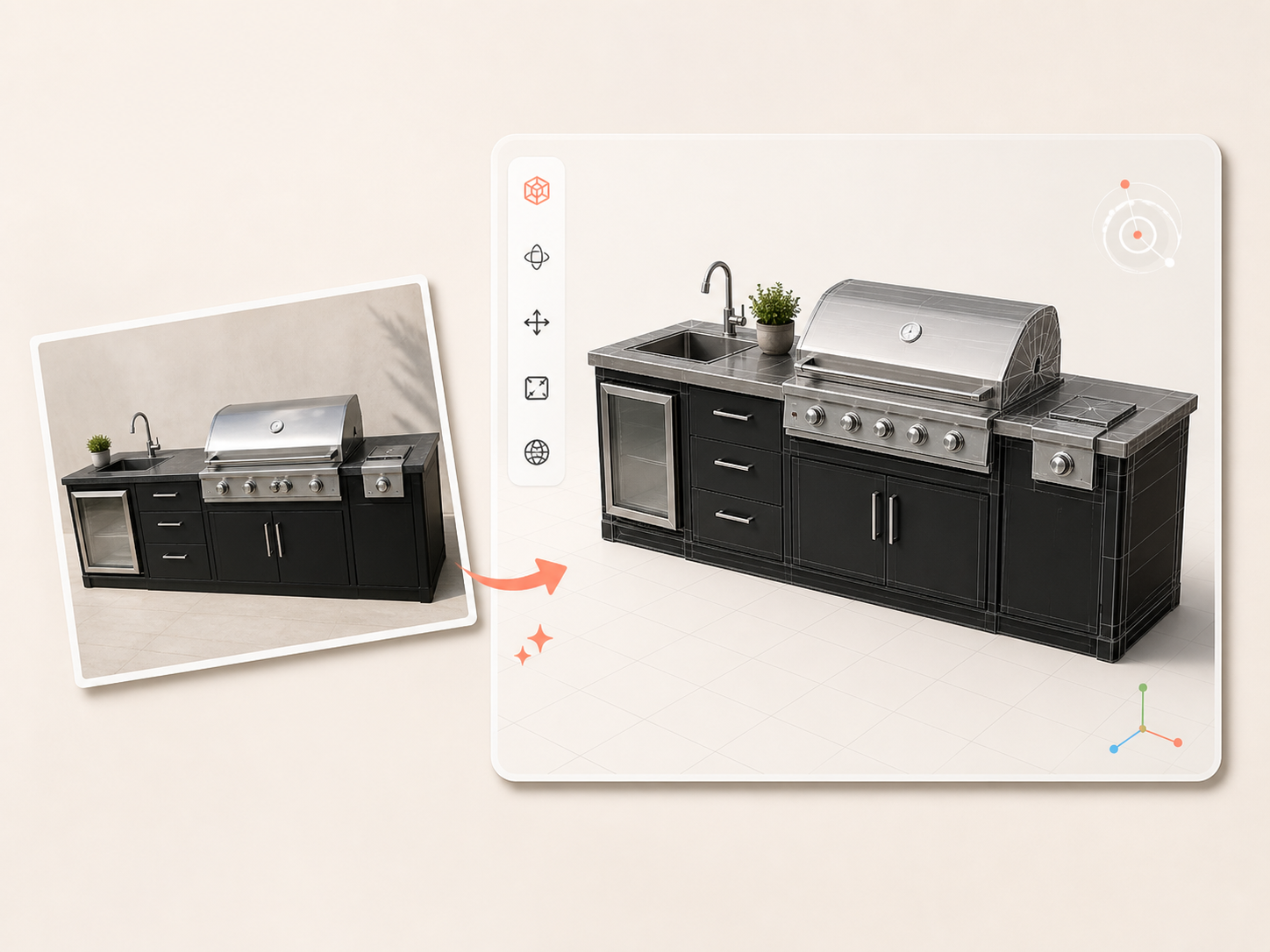 Product photo transforming into a 3D outdoor kitchen model in a viewport