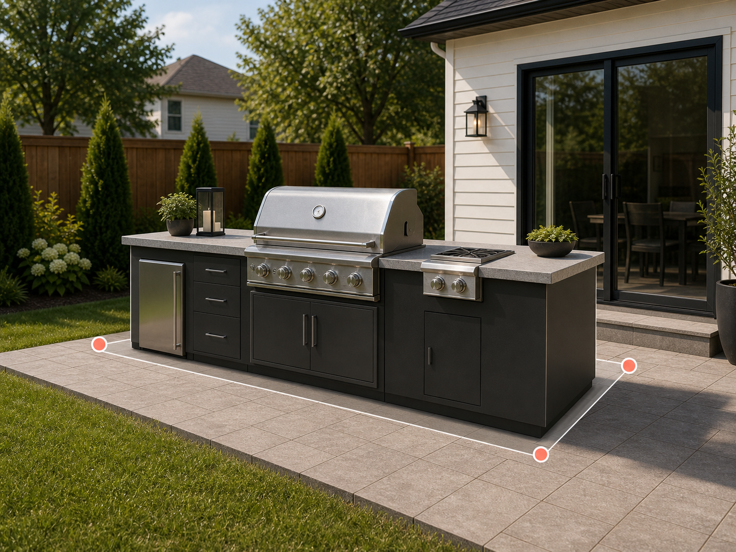 Outdoor kitchen 3D model placed into a real backyard patio