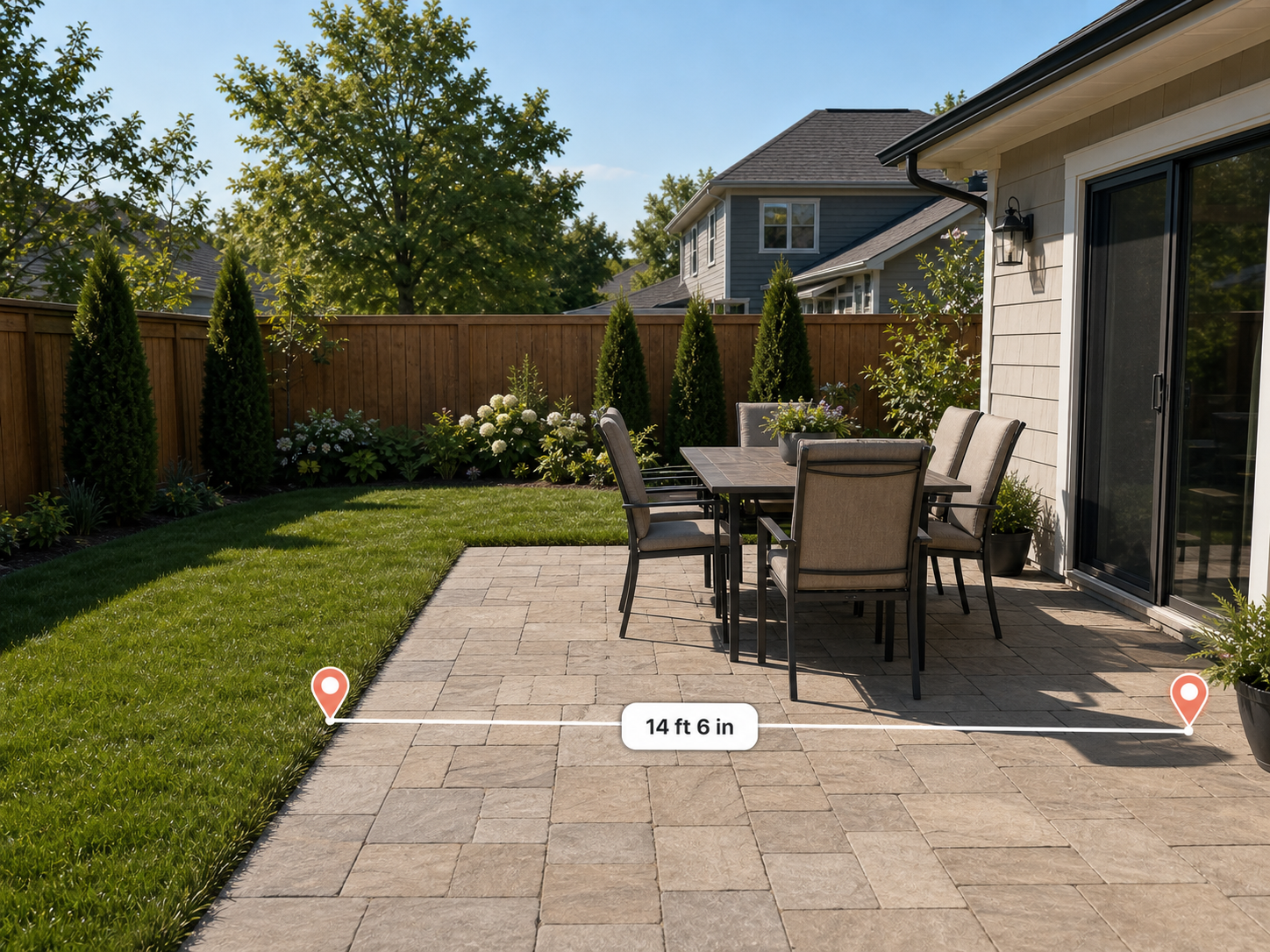 Backyard patio photo with two measurement pins and a distance readout