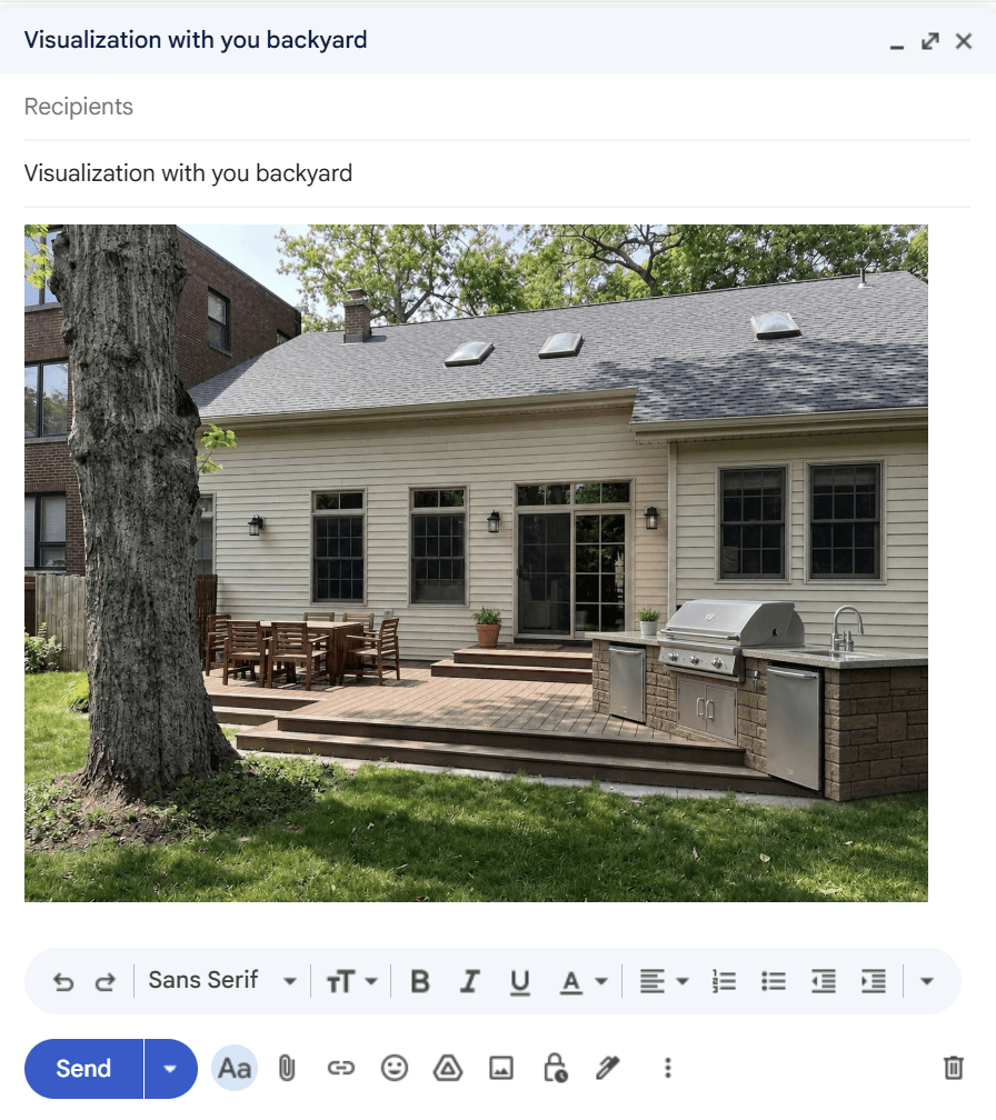 Email composer with the photoreal render attached as Henderson_quote.pdf, ready to send.
