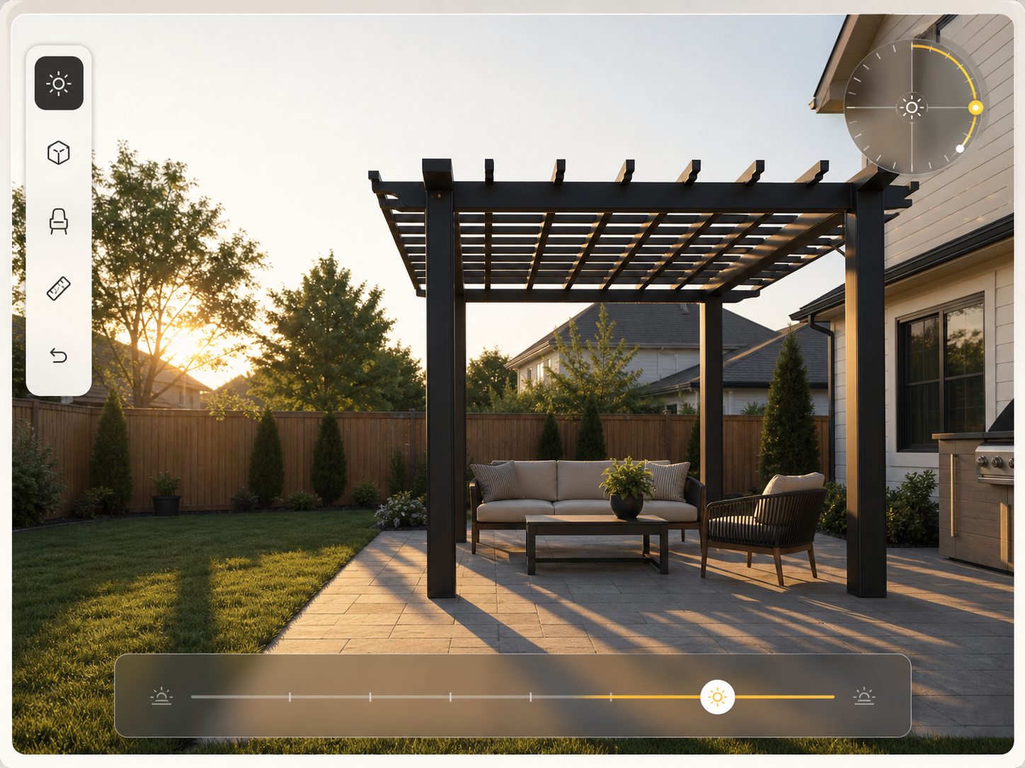 Pergola render with sun controls and matched afternoon shadows